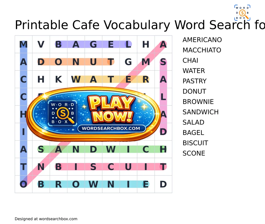 Cafe Drinks and Snacks Word Search Puzzles | Free Printable & Online ...